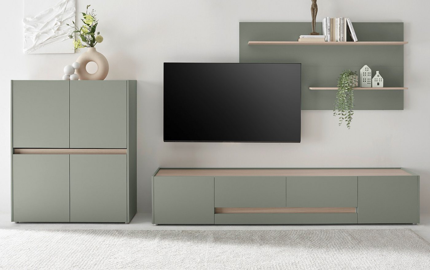 Furn.Design Wohnwand Center, (3-teiliges Set in Salbei mit Eiche Dekor, ca. 340 cm), mit 10 Fächern und 220 cm TV Lowboard – Bild 2 von 5
