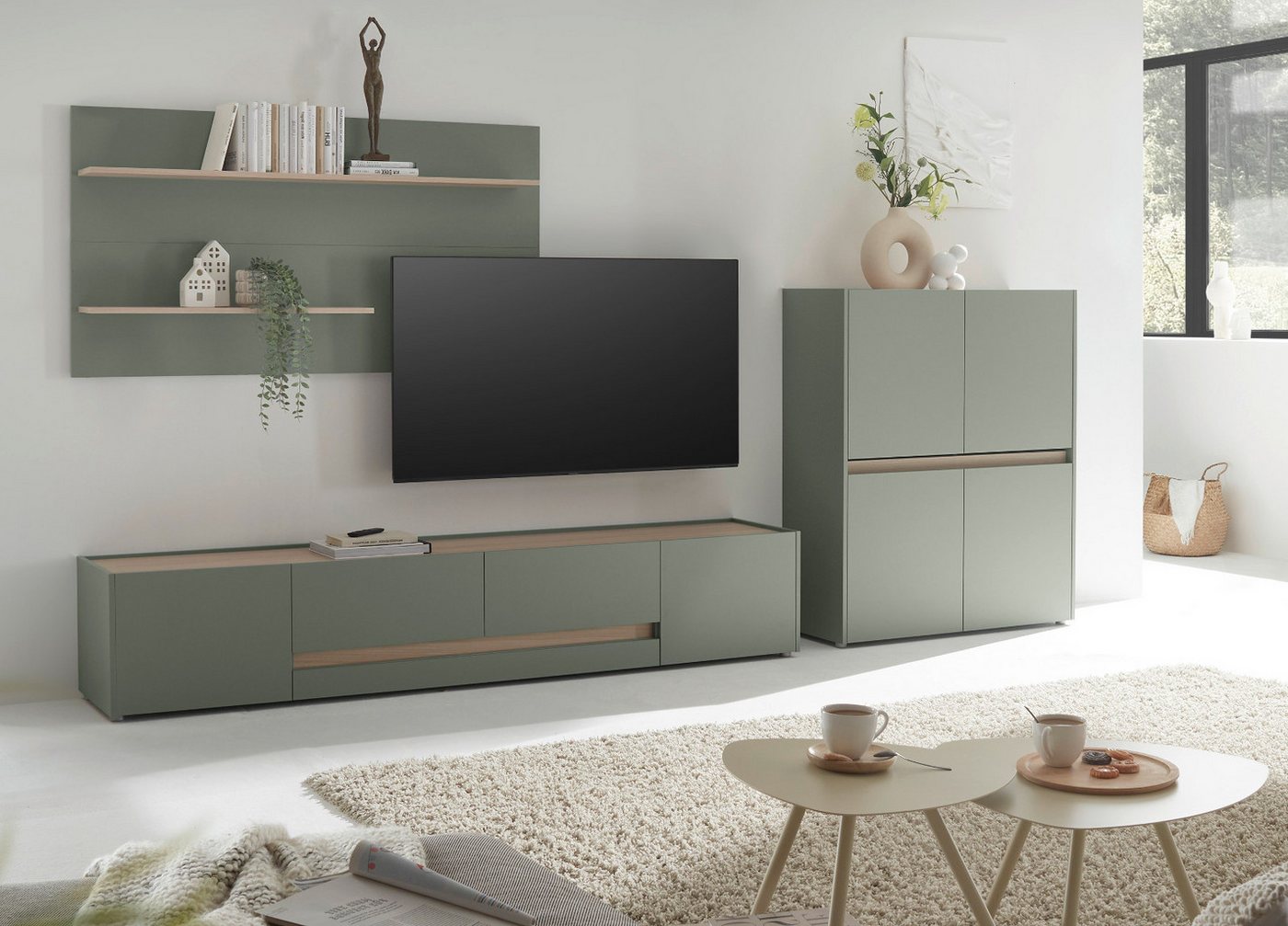 Furn.Design Wohnwand Center, (3-teiliges Set in Salbei mit Eiche Dekor, ca. 340 cm), mit 10 Fächern und 220 cm TV Lowboard – Bild 3 von 5