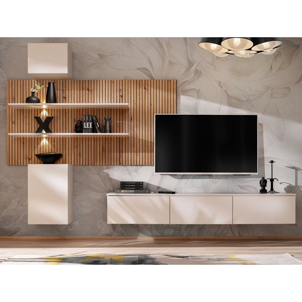 Furn.Design Wohnwand Laelia, (Set 3-teilig Kaschmir / Sand mit Eiche, 280 x 200 cm), inklusive Beleuchtung