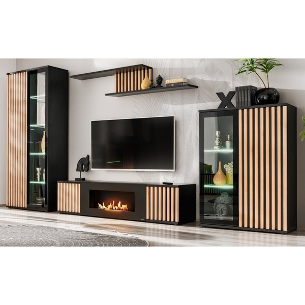 Furn.Design Wohnwand Morgan, (in schwarz matt mit Eiche Lamellen, 4-St., integrierter Kamin), Push-to-Open Funktion, inkl. Beleuchtung