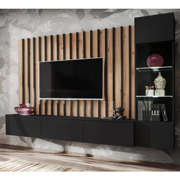 Furn.Design Wohnwand Pearl, (Mediawand in schwarz mit Artisan Eiche, 3-teilig, 220 x 190 cm), Push-To-Open, inkl. LED Beleuchtung
