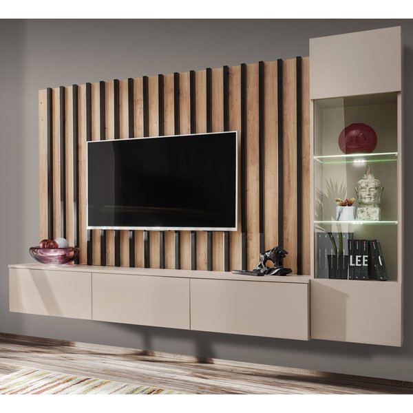 Furn.Design Wohnwand Pearl, (TV- Mediawand in Kaschmir / Sand mit Eiche Artisan, 3-teilig, 220 x 190 cm), mit Push-To-Open, inklusive LED Beleuchtung