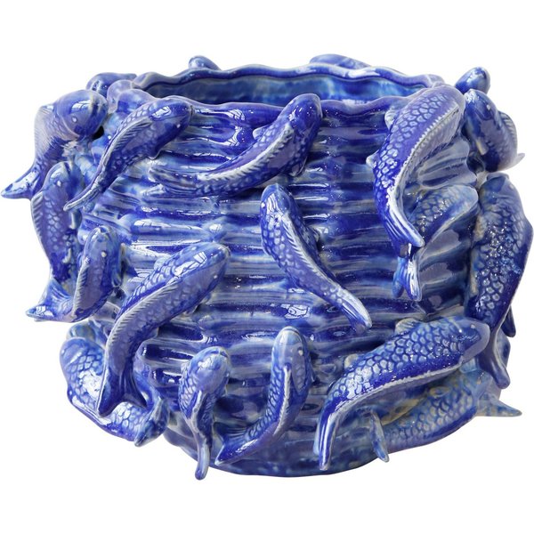FURNARO Übertopf, mit plastischen Fischdekor in blau aus Keramik ø29x21cm