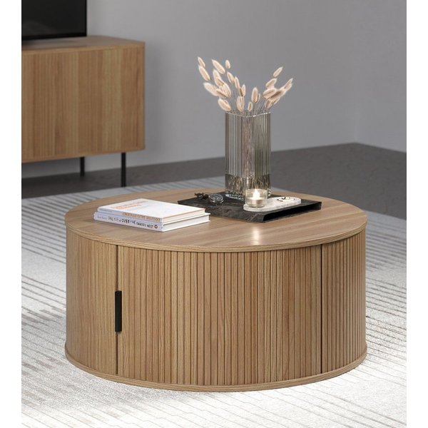 Furnhaus Couchtisch Ronin rund, Eiche-Optik, mit praktischem Stauraum (und Tür, 1-St., Wohnzimmertisch mit eingefrästen Lamellen), Ø 80 cm. runde Tischplatte in