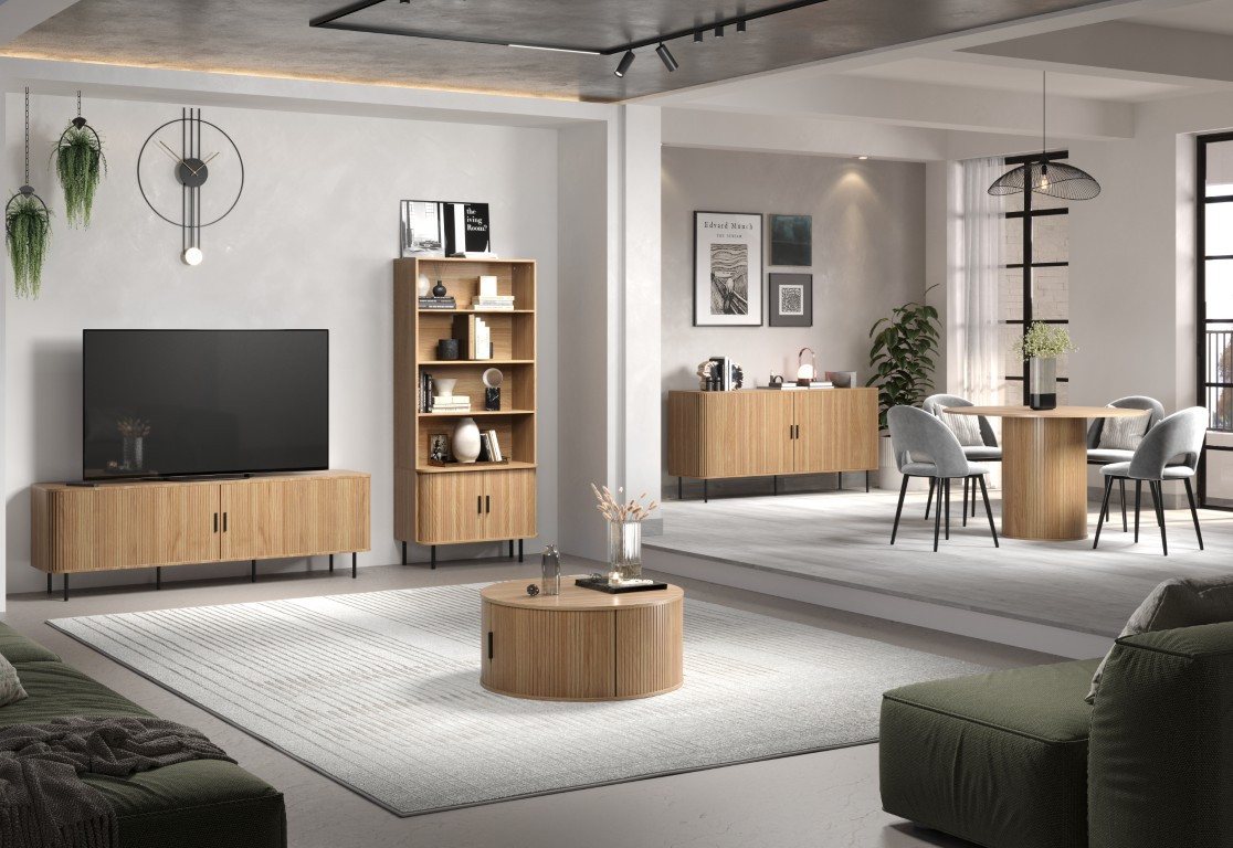 Furnhaus Couchtisch Ronin rund, Eiche-Optik, mit praktischem Stauraum (und Tür, 1-St., Wohnzimmertisch mit eingefrästen Lamellen), Ø 80 cm. runde Tischplatte in – Bild 5 von 5