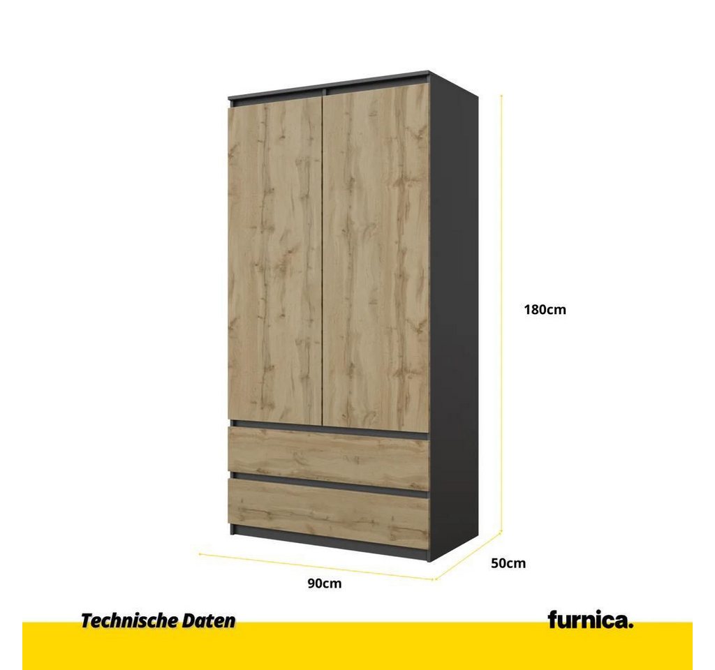 Furnica Kleiderschrank Joelle Anthrazit Grau, 2 Türen und 2 Schubladen H180cm B90cm T50cm – Bild 2 von 5