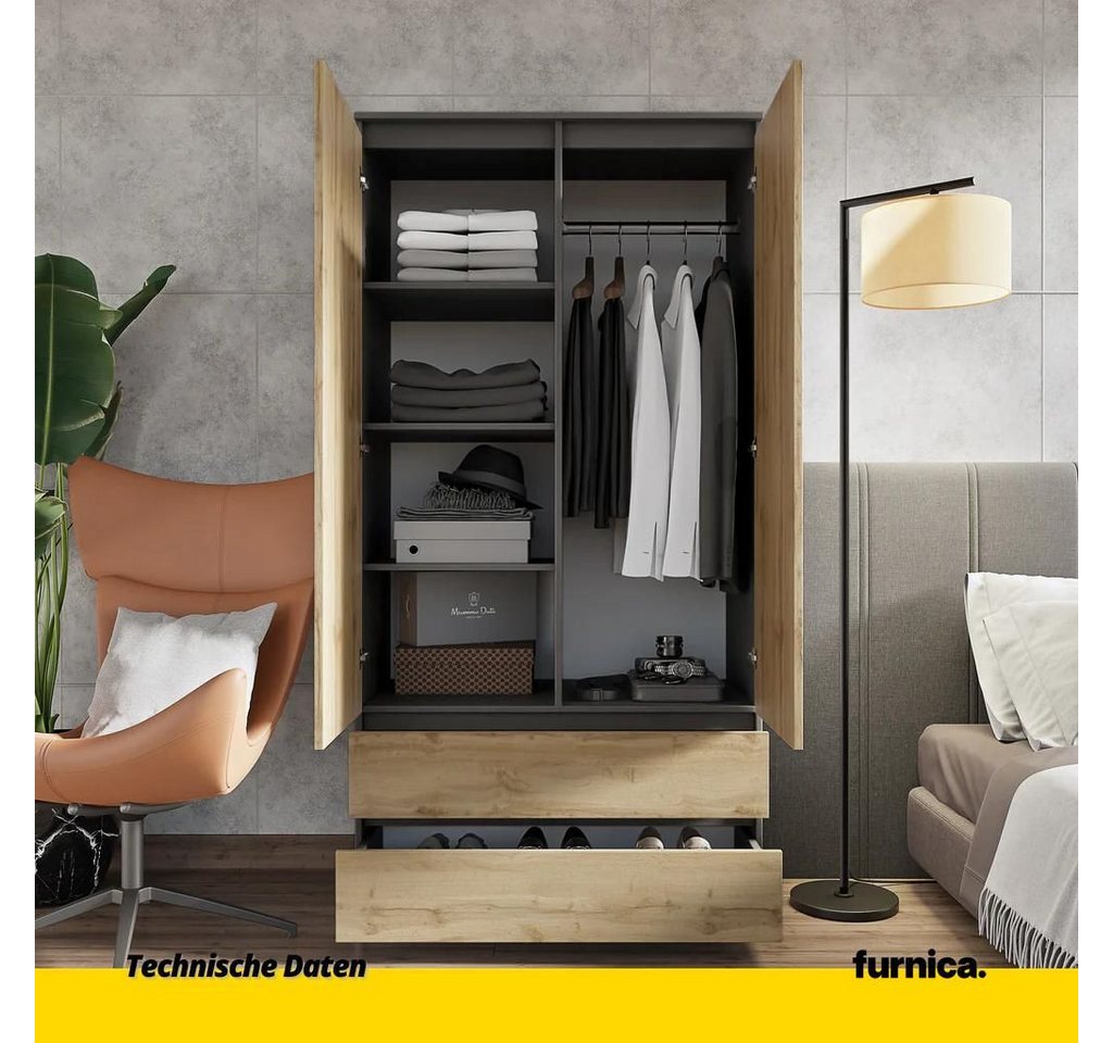 Furnica Kleiderschrank Joelle Anthrazit Grau, 2 Türen und 2 Schubladen H180cm B90cm T50cm – Bild 3 von 5