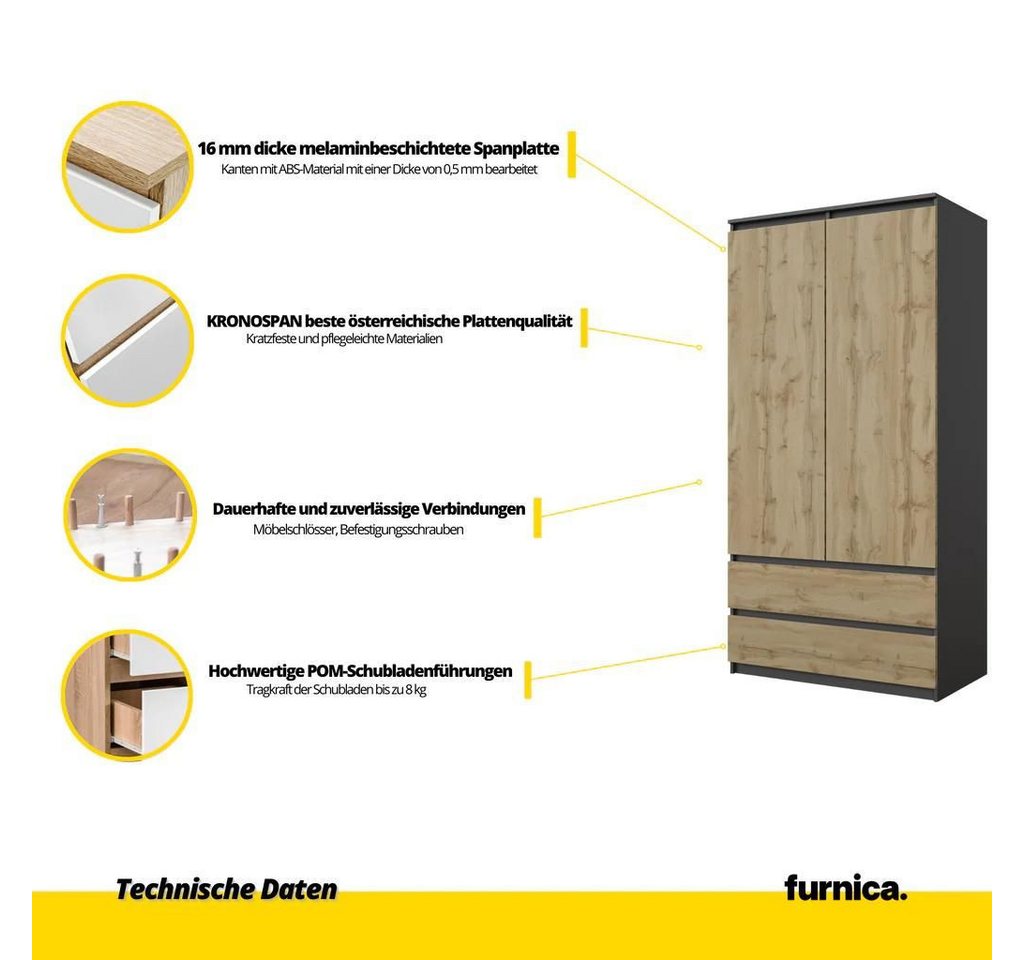 Furnica Kleiderschrank Joelle Anthrazit Grau, 2 Türen und 2 Schubladen H180cm B90cm T50cm – Bild 4 von 5