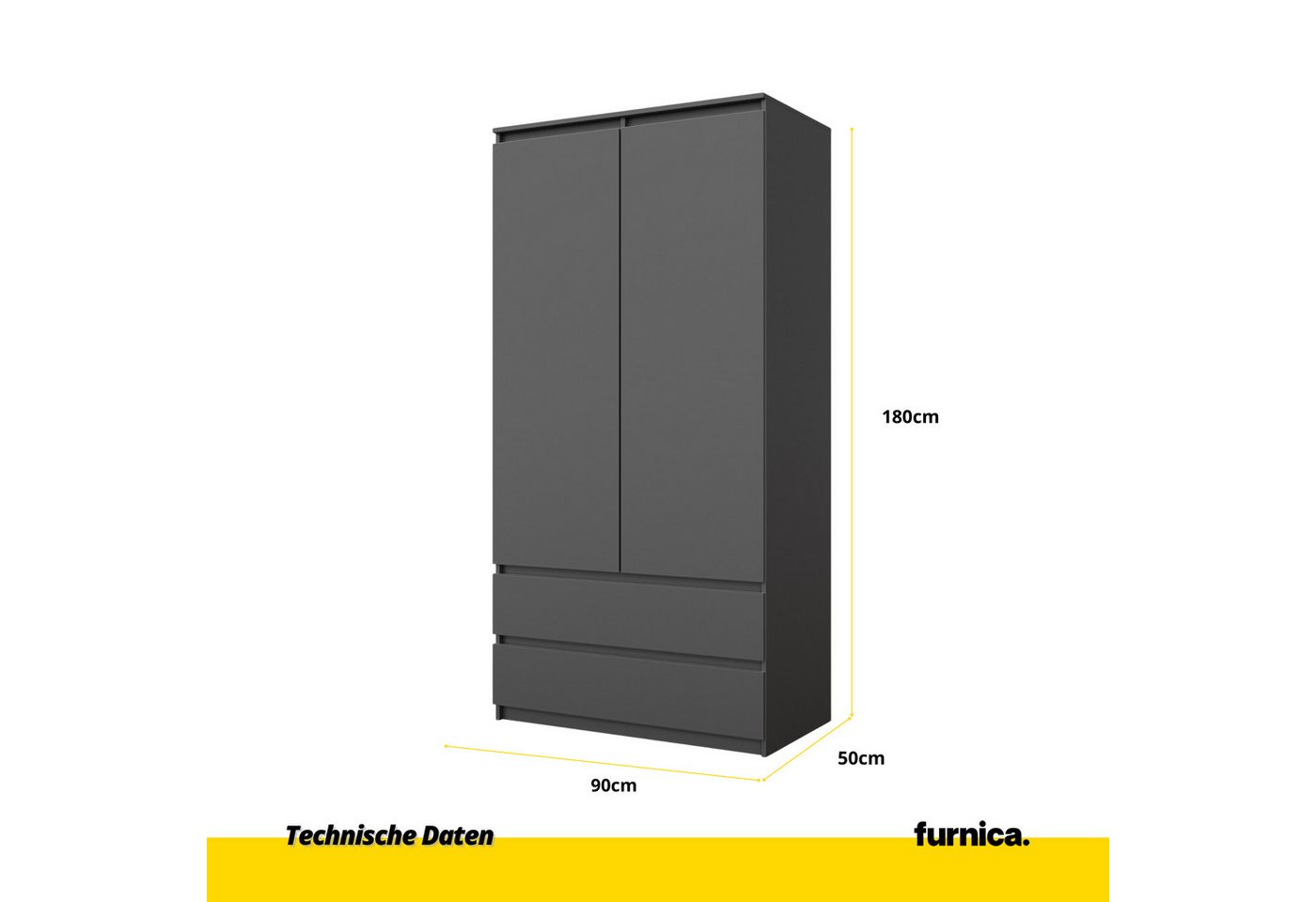 Furnica Kleiderschrank Joelle Anthrazit Grau, 2 Türen und 2 Schubladen H180cm B90cm T50cm – Bild 2 von 5