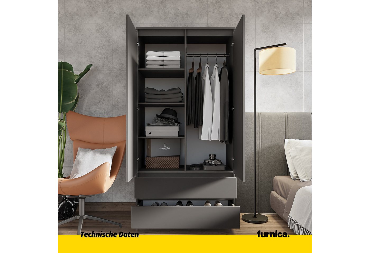 Furnica Kleiderschrank Joelle Anthrazit Grau, 2 Türen und 2 Schubladen H180cm B90cm T50cm – Bild 3 von 5
