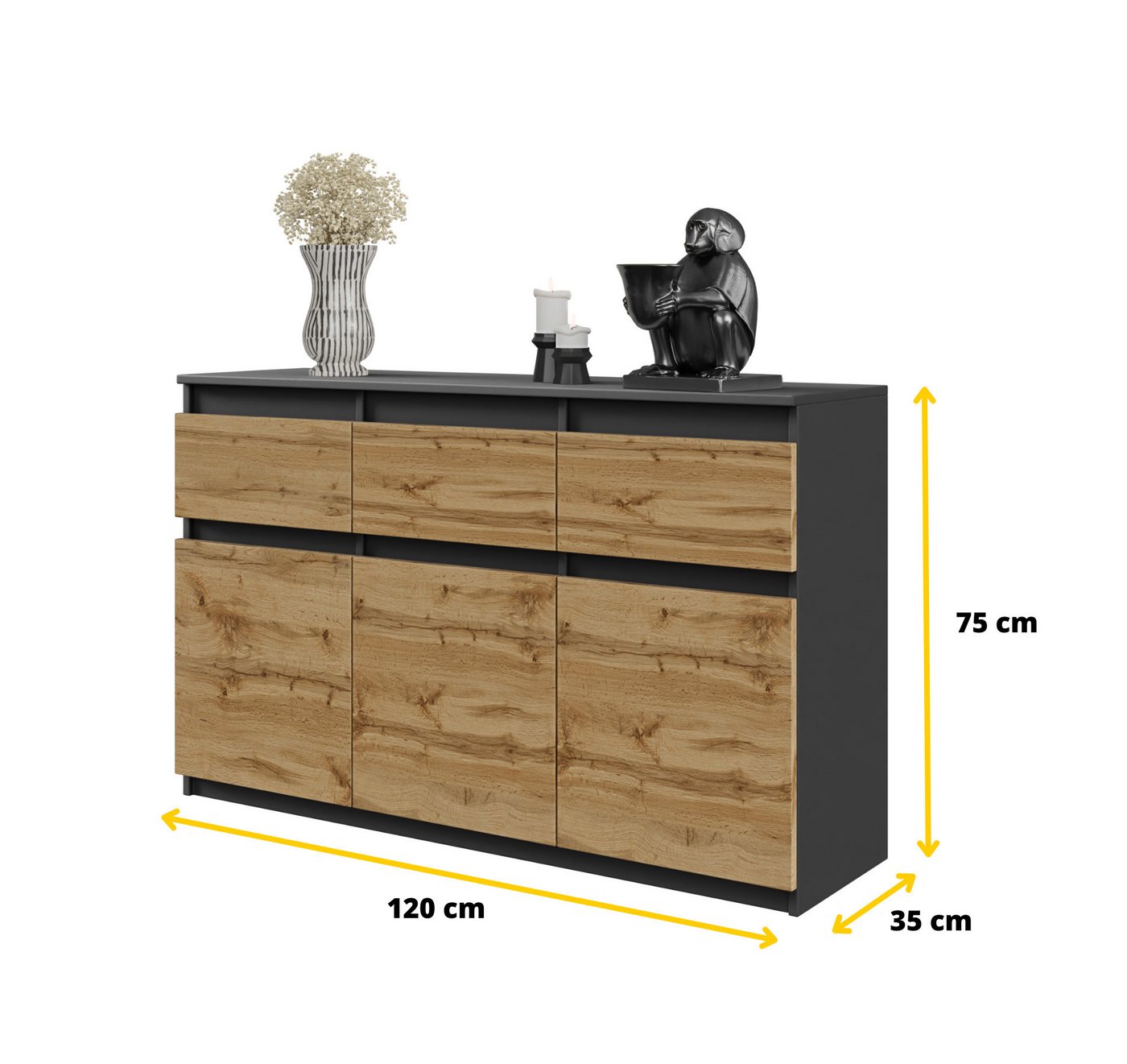 Furnica Kommode Anthrazit 120 cm mit 3 Schubladen und 3 Türen- Wohn-und Schalfzimmer – Bild 2 von 5