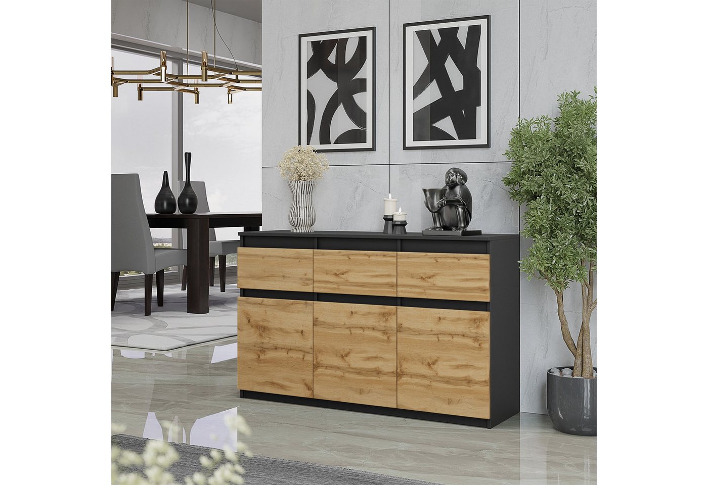 Furnica Kommode Anthrazit 120 cm mit 3 Schubladen und 3 Türen- Wohn-und Schalfzimmer – Bild 3 von 5