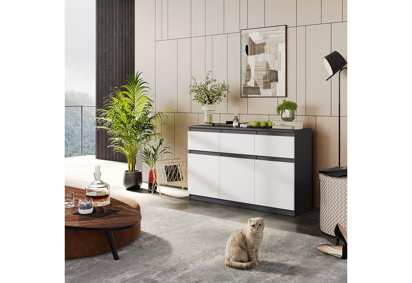 Furnica Kommode Anthrazit 120 cm mit 3 Schubladen und 3 Türen- Wohn-und Schalfzimmer – Bild 2 von 5