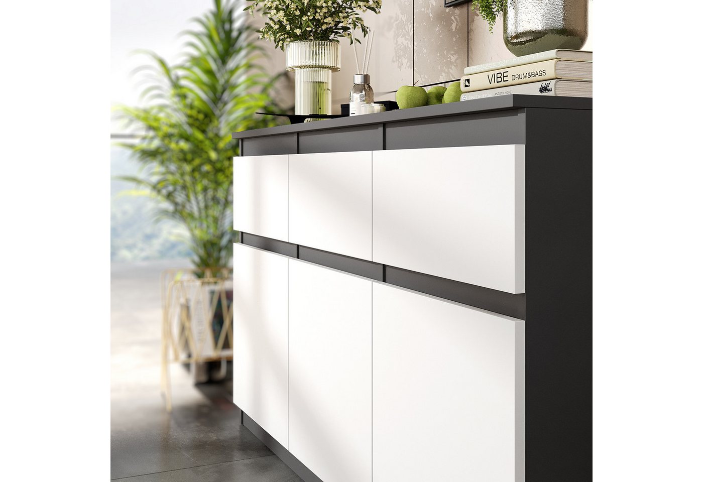Furnica Kommode Anthrazit 120 cm mit 3 Schubladen und 3 Türen- Wohn-und Schalfzimmer – Bild 4 von 5