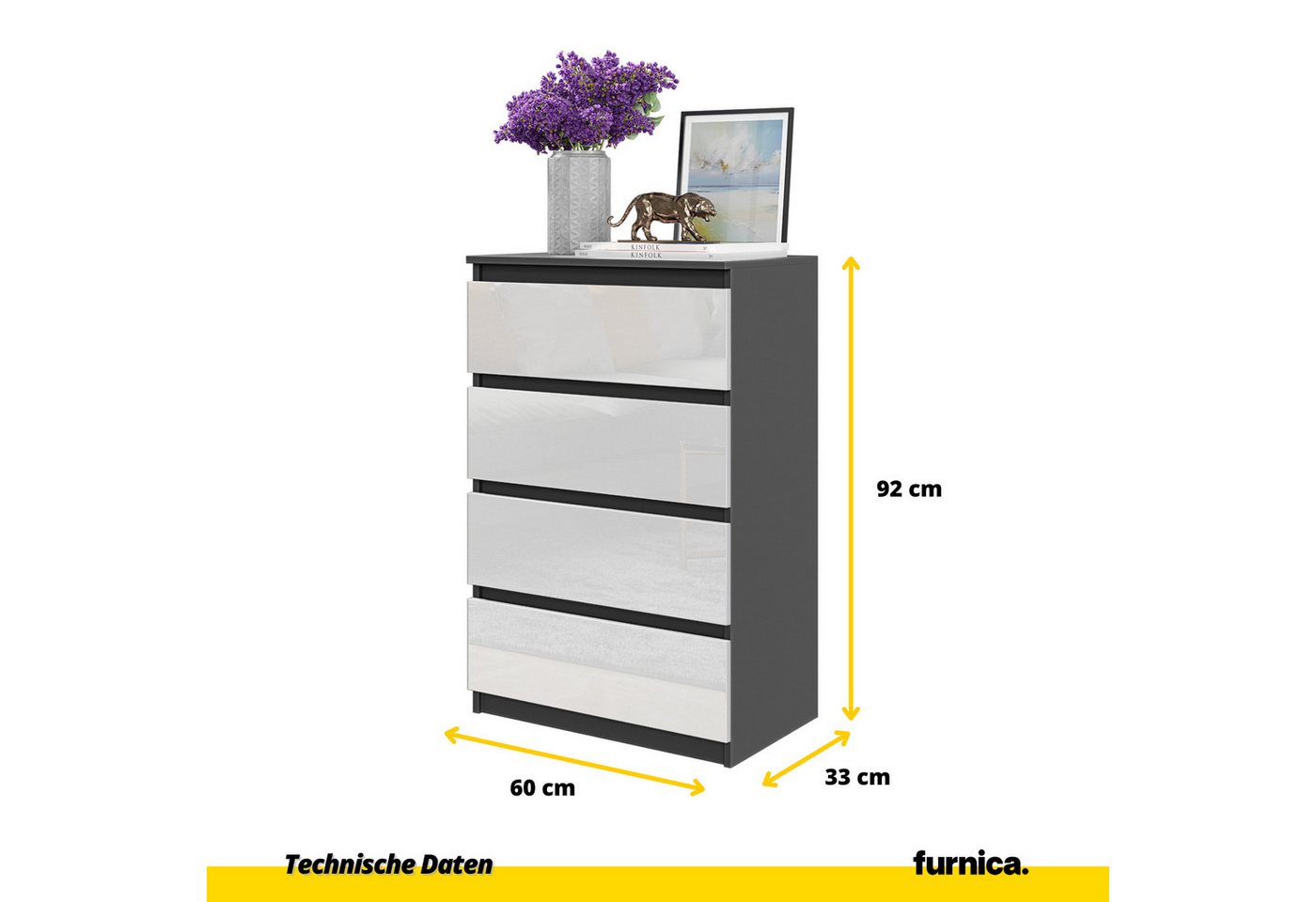 Furnica Kommode GABRIEL 4 Schubladen - Anthrazit Grau H92cm B60cm T33cm – Bild 2 von 5