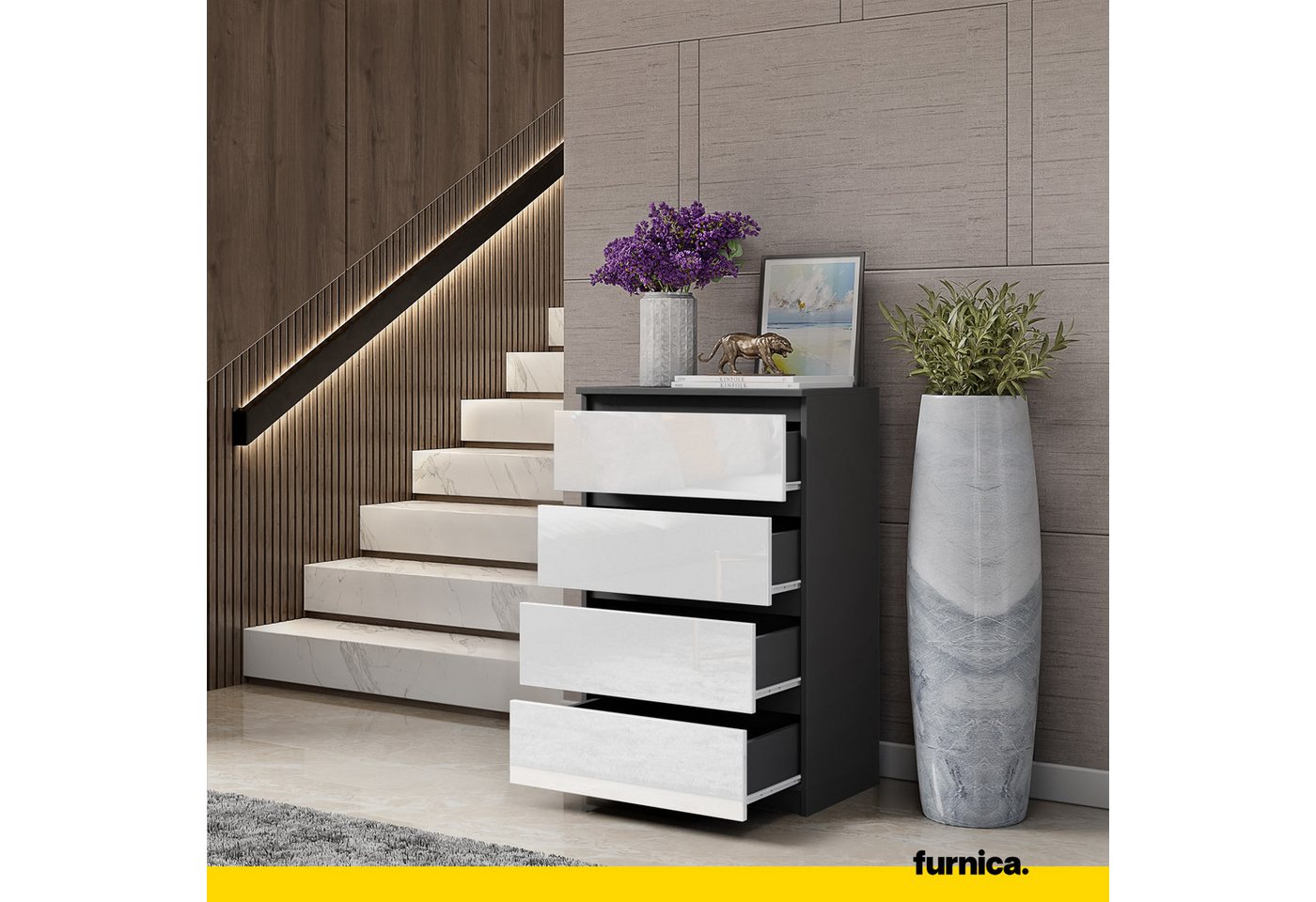 Furnica Kommode GABRIEL 4 Schubladen - Anthrazit Grau H92cm B60cm T33cm – Bild 4 von 5