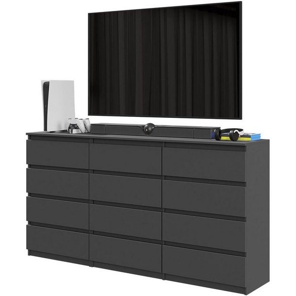 Furnica Kommode GABRIEL 8+4 Schubladen-Anthrazit Grau H92cm B180cm T33cm