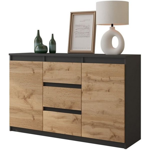 Furnica Kommode MIKEL, 3 Schubladen und 2 Türen - Anthrazit Grau H75cm B120cm T35cm (1 St)