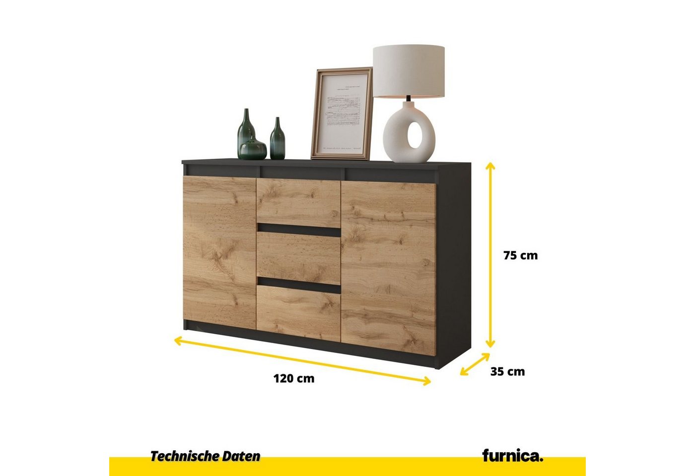 Furnica Kommode MIKEL, 3 Schubladen und 2 Türen - Anthrazit Grau H75cm B120cm T35cm (1 St) – Bild 2 von 5