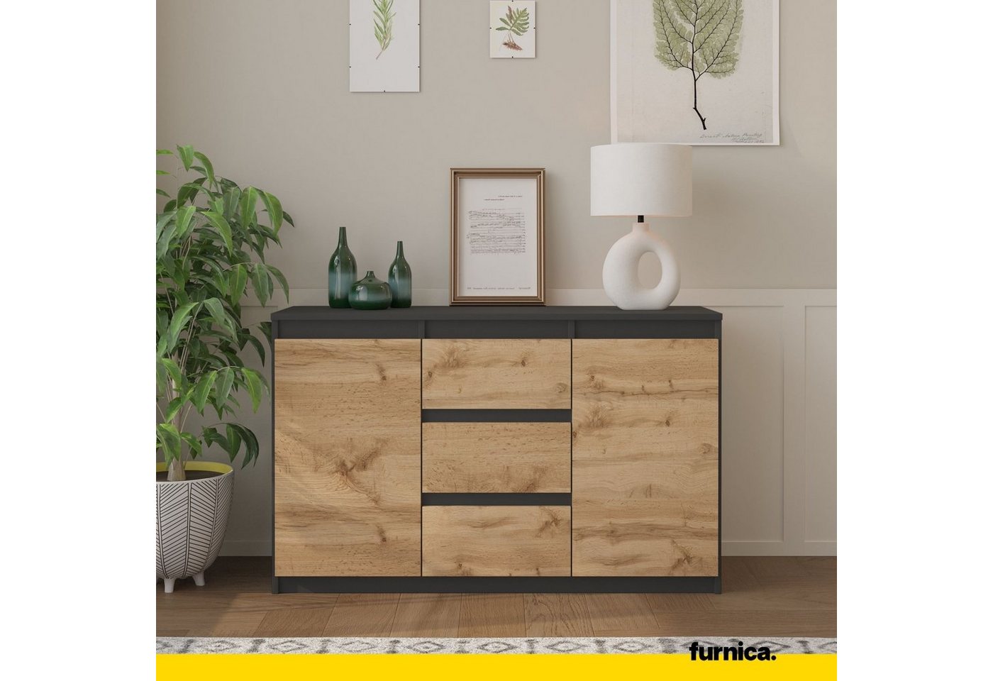 Furnica Kommode MIKEL, 3 Schubladen und 2 Türen - Anthrazit Grau H75cm B120cm T35cm (1 St) – Bild 3 von 5