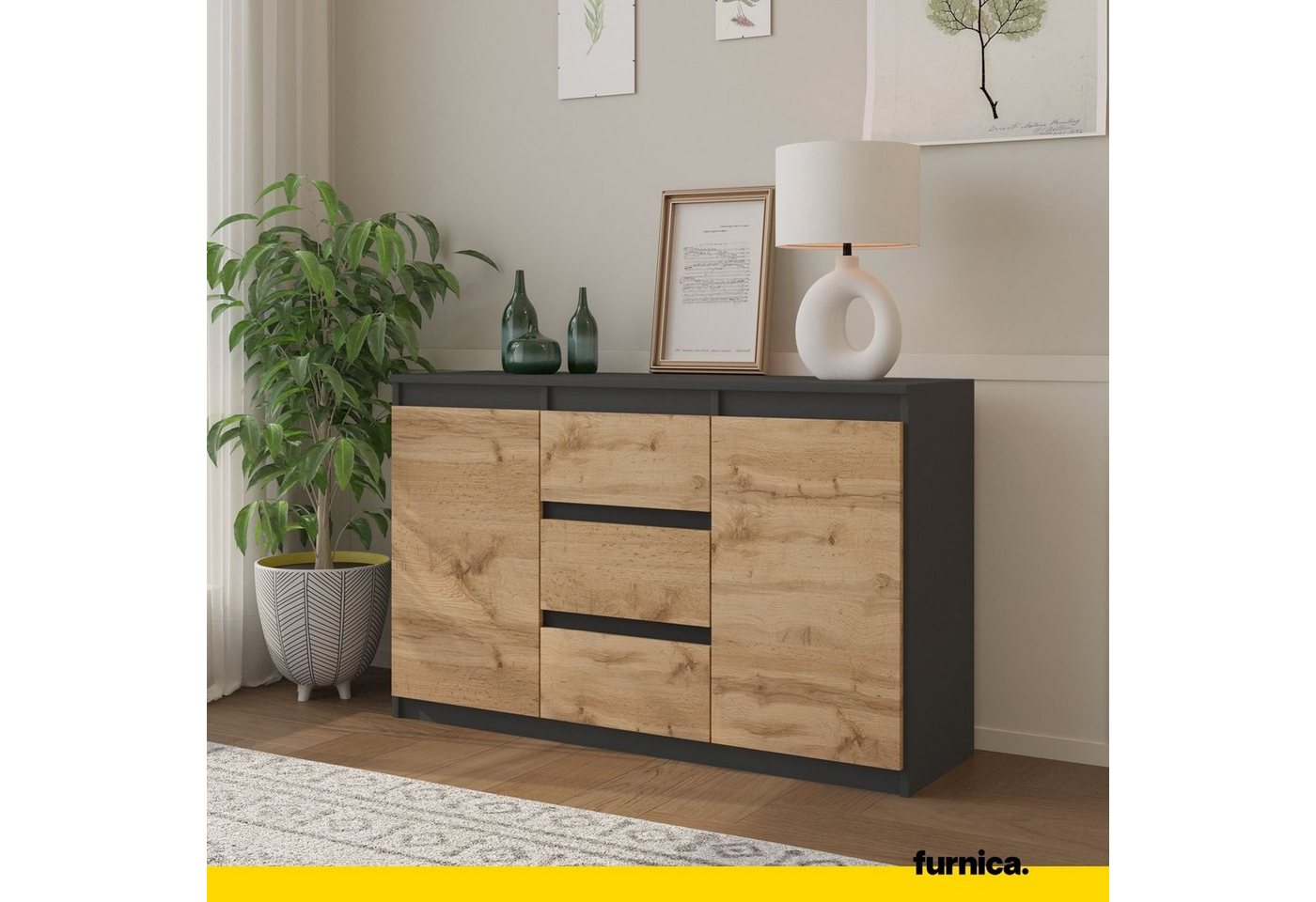 Furnica Kommode MIKEL, 3 Schubladen und 2 Türen - Anthrazit Grau H75cm B120cm T35cm (1 St) – Bild 4 von 5