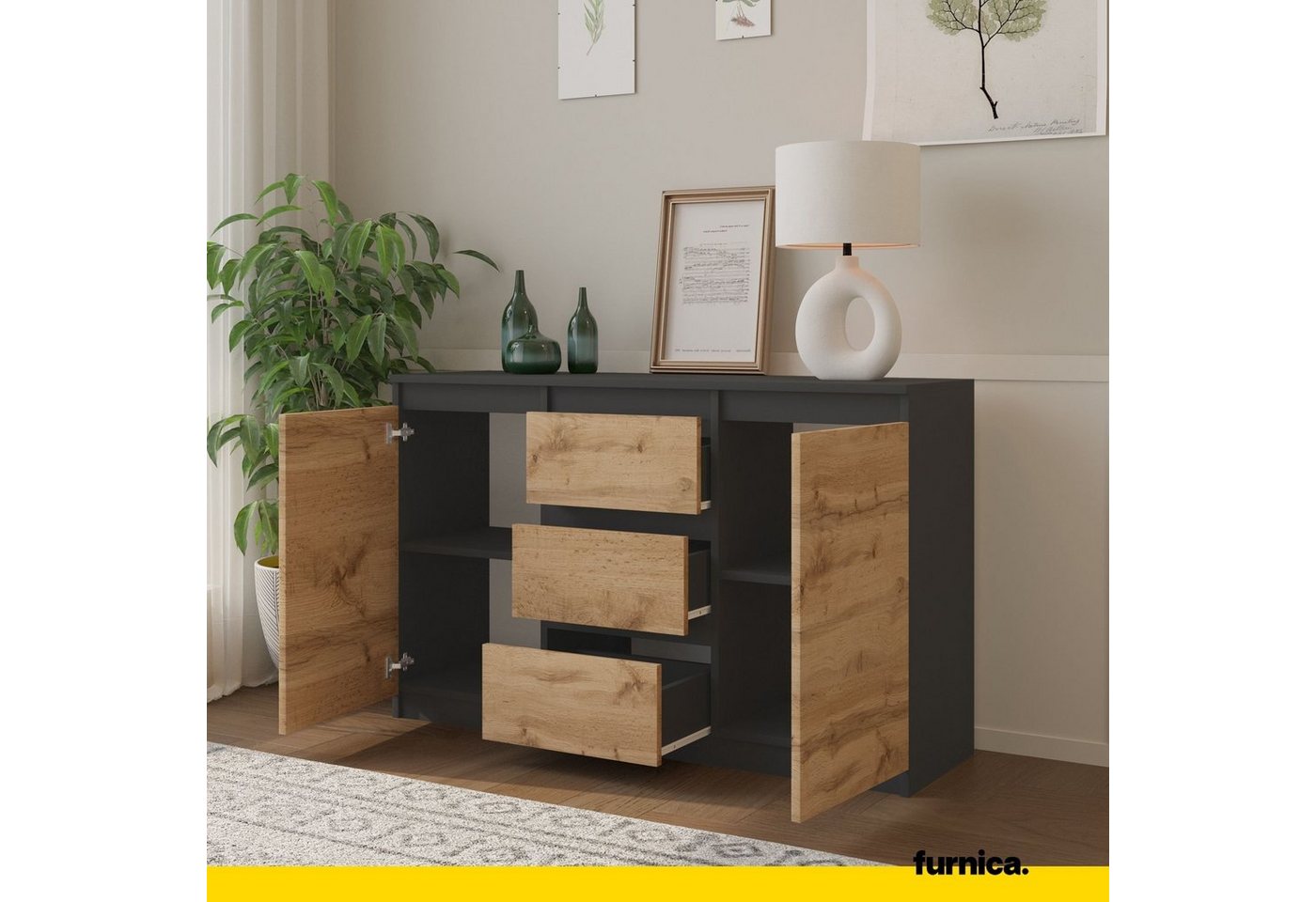 Furnica Kommode MIKEL, 3 Schubladen und 2 Türen - Anthrazit Grau H75cm B120cm T35cm (1 St) – Bild 5 von 5