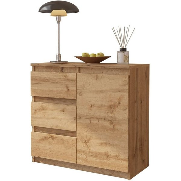 Furnica Kommode MIKEL, 3 Schubladen und 1 Tür - Votan Eiche H75cm B80cm T35cm (1 St)