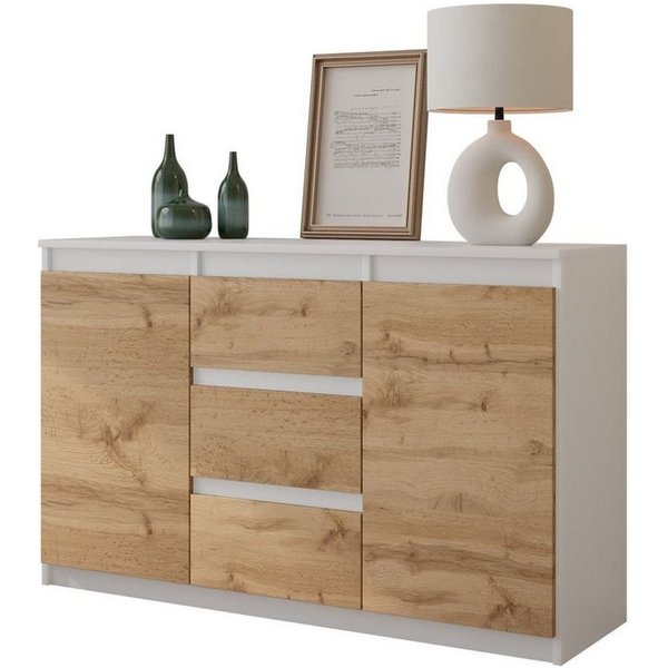 Furnica Kommode MIKEL, 3 Schubladen und 2 Türen - Weiß Matt H75cm B120cm T35cm