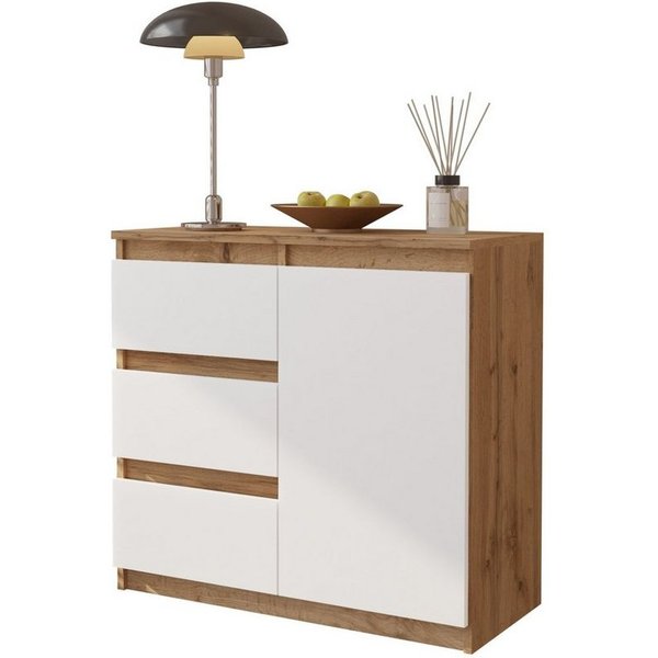 Furnica Kommode MIKEL, 3 Schubladen und 1 Tür - Votan Eiche H75cm B80cm T35cm (1 St)