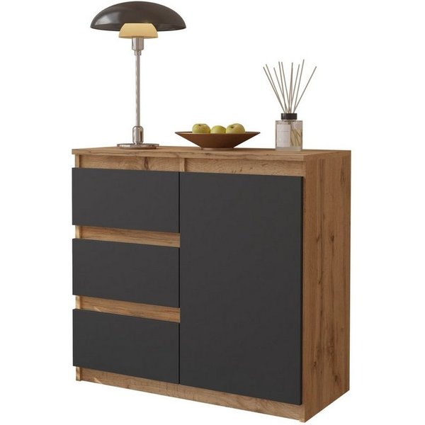 Furnica Kommode MIKEL, 3 Schubladen und 1 Tür - Votan Eiche H75cm B80cm T35cm (1 St)