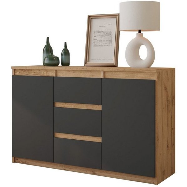 Furnica Kommode MIKEL, 3 Schubladen und 2 Türen - Votan Eiche H75cm B120cm T35cm (1 St)