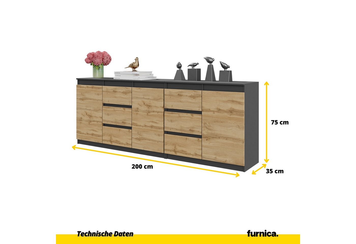 Furnica Kommode MIKEL, 6 Schubladen und 3 Türen - Anthrazit Grau H75cm B200cm T35cm – Bild 2 von 5