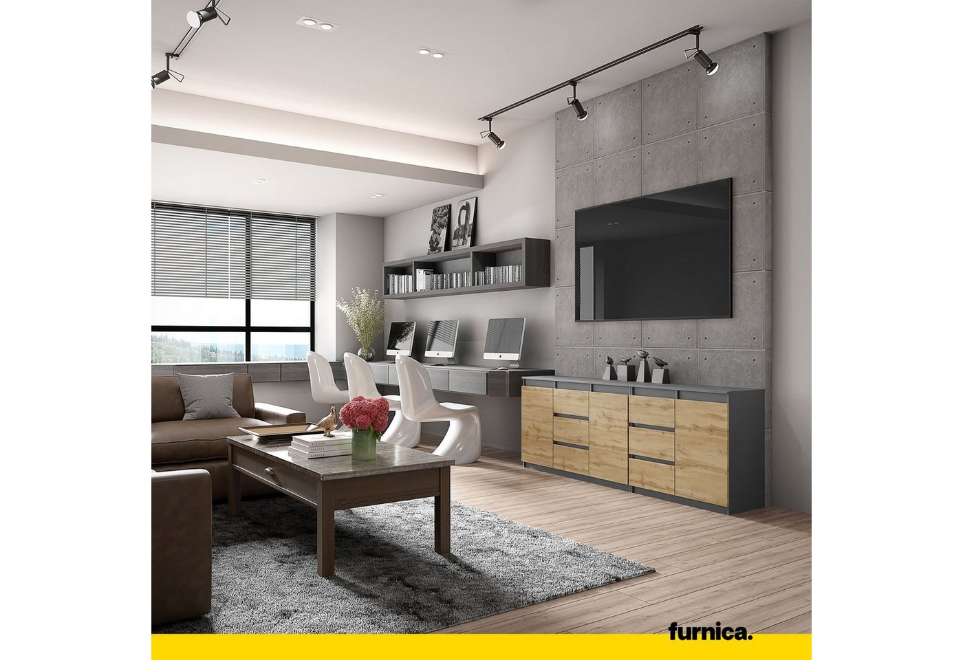 Furnica Kommode MIKEL, 6 Schubladen und 3 Türen - Anthrazit Grau H75cm B200cm T35cm – Bild 3 von 5