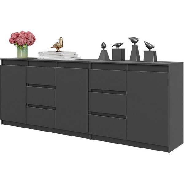 Furnica Kommode MIKEL, 6 Schubladen und 3 Türen - Anthrazit Grau H75cm B200cm T35cm