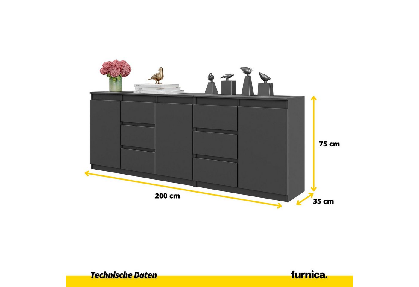 Furnica Kommode MIKEL, 6 Schubladen und 3 Türen - Anthrazit Grau H75cm B200cm T35cm – Bild 2 von 5