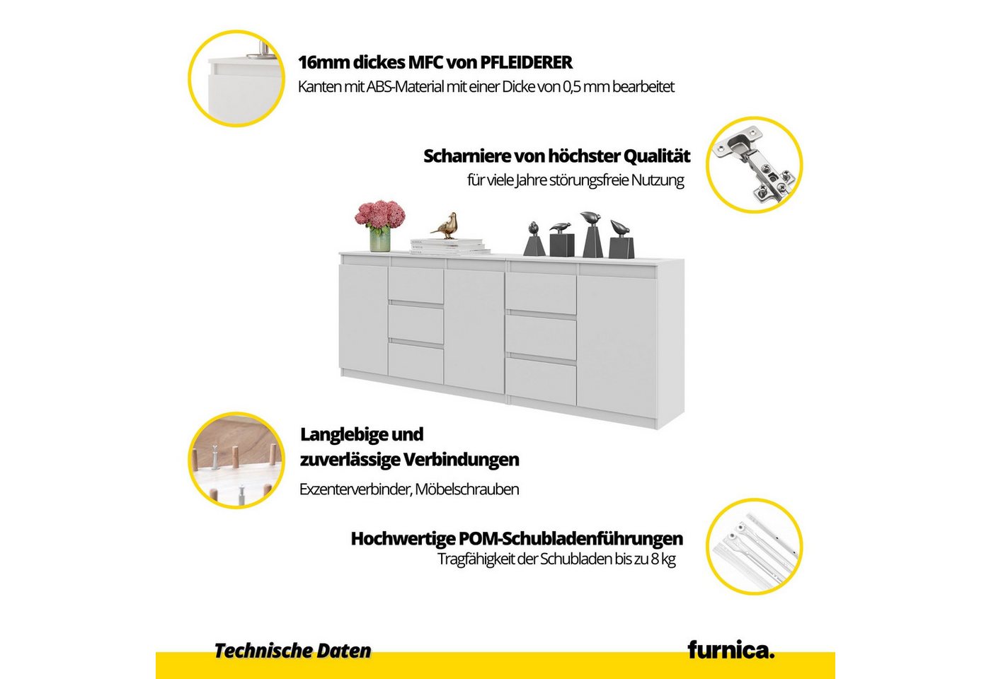 Furnica Kommode MIKEL, 6 Schubladen und 3 Türen - Anthrazit Grau H75cm B200cm T35cm – Bild 5 von 5