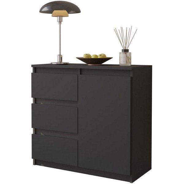 Furnica Kommode MIKEL, 3 Schubladen und 1 Tür - Anthrazit Grau H75cm B80cm T35cm (1 St)