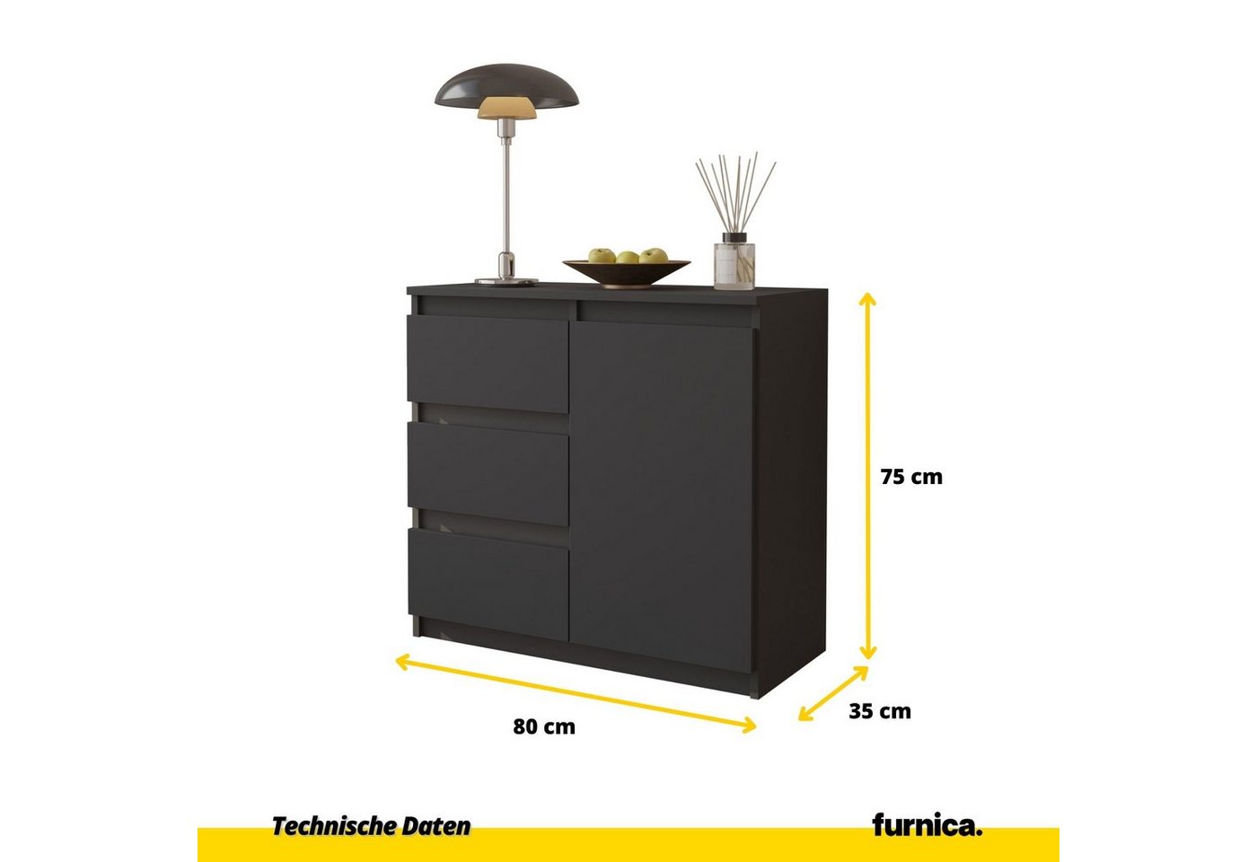 Furnica Kommode MIKEL, 3 Schubladen und 1 Tür - Anthrazit Grau H75cm B80cm T35cm (1 St) – Bild 2 von 5