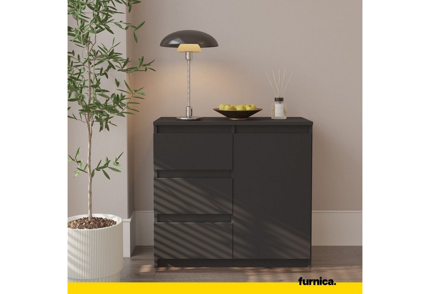 Furnica Kommode MIKEL, 3 Schubladen und 1 Tür - Anthrazit Grau H75cm B80cm T35cm (1 St) – Bild 3 von 5