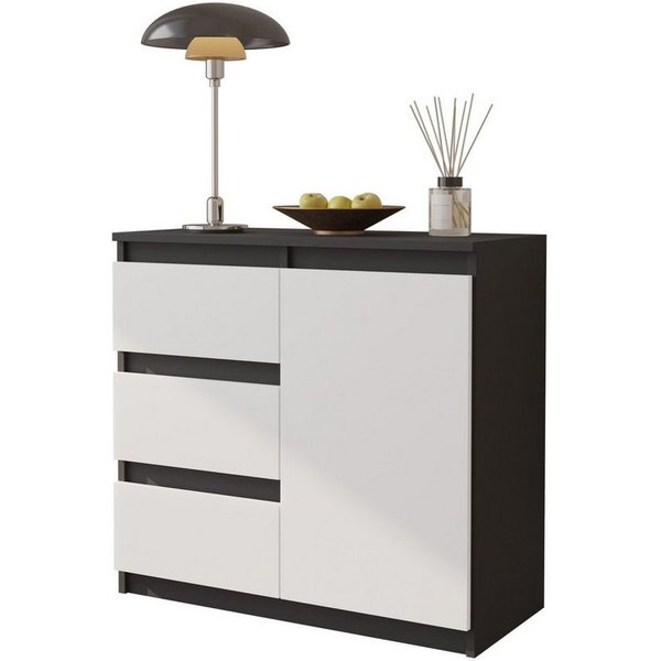 Furnica Kommode MIKEL, 3 Schubladen und 1 Tür - Anthrazit Grau H75cm B80cm T35cm (1 St)