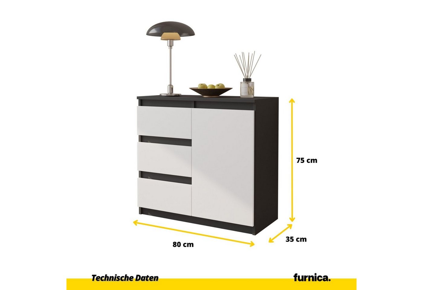 Furnica Kommode MIKEL, 3 Schubladen und 1 Tür - Anthrazit Grau H75cm B80cm T35cm (1 St) – Bild 2 von 5
