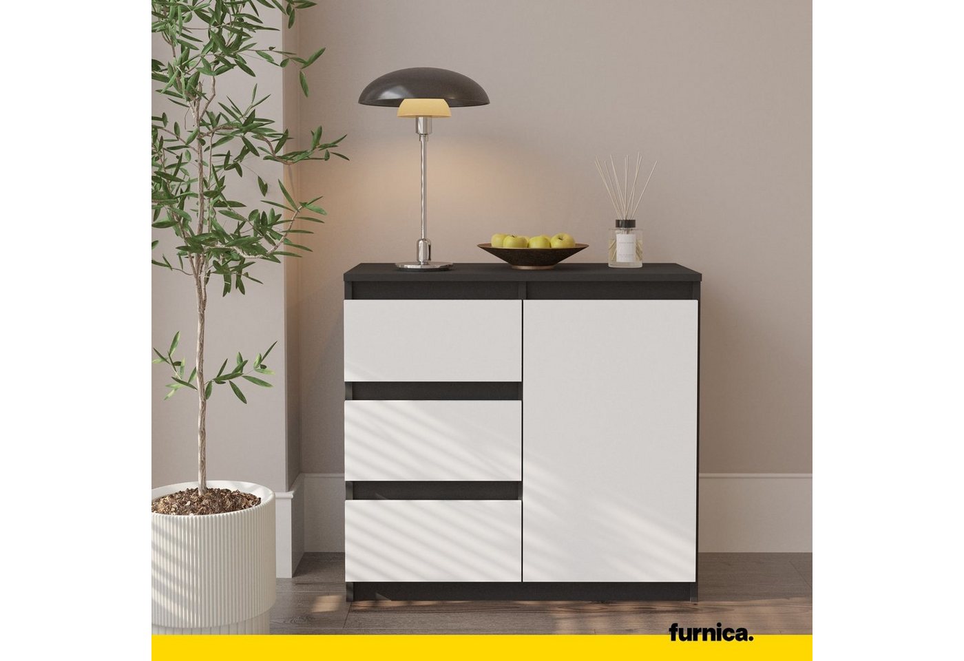 Furnica Kommode MIKEL, 3 Schubladen und 1 Tür - Anthrazit Grau H75cm B80cm T35cm (1 St) – Bild 3 von 5