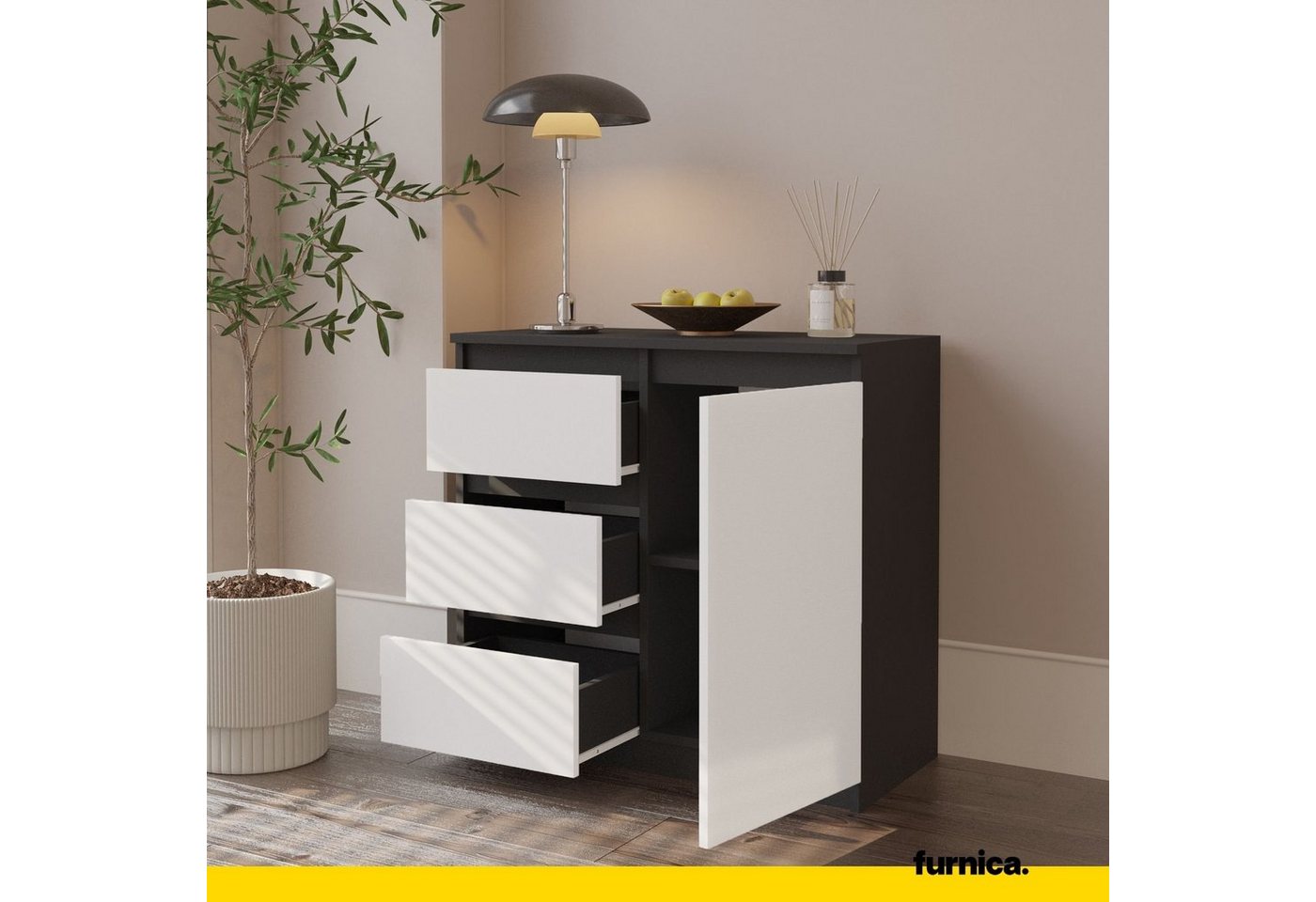 Furnica Kommode MIKEL, 3 Schubladen und 1 Tür - Anthrazit Grau H75cm B80cm T35cm (1 St) – Bild 5 von 5
