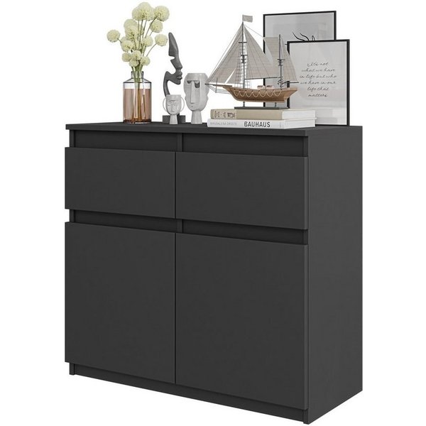 Furnica Kommode NOAH 2 Schubladen und 2 Türen - Anthrazit Grau H75cm B80cm T35cm