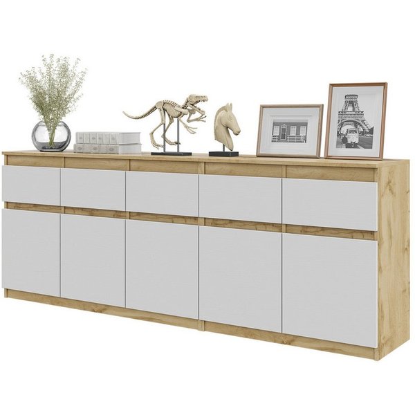 Furnica Kommode NOAH, 5 Schubladen und 5 Türen - Votan Eiche H75cm B200cm T35cm