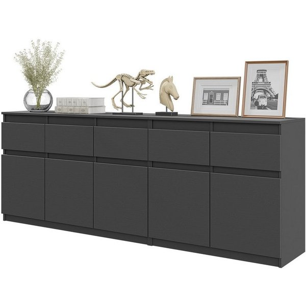 Furnica Kommode NOAH, 5 Schubladen und 5 Türen - Anthrazit Grau H75cm B200cm T35cm