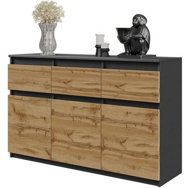 Furnica Kommode NOAH, 3 Schubladen und 3 Türen - Anthrazit Grau H75cm B120cm T35cm