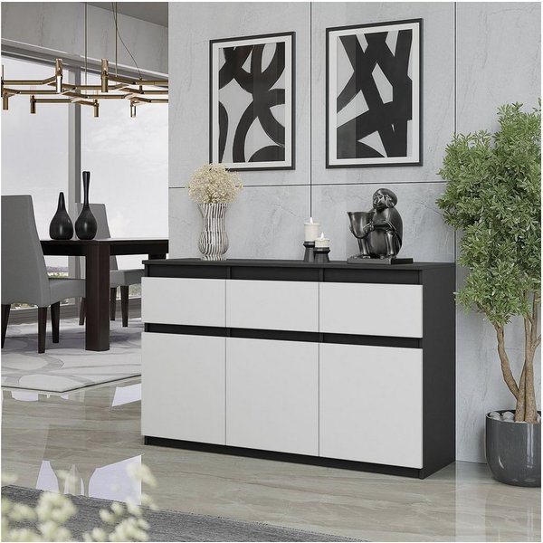 Furnica Sideboard NOAH, 3 Schubladen und 3 Türen - Anthrazit/Weiß Matt H75cm B120cm