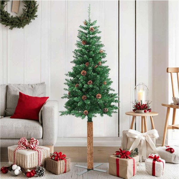 furnicato Künstlicher Weihnachtsbaum Schmaler Weihnachtsbaum 180 cm Grün mit Massivholz und Stahlständer, Künstliche Tanne mit dekorativen Zapfen für den Innenb
