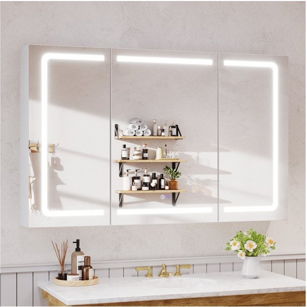 Furnicopia Badezimmerspiegelschrank Badezimmerspiegelschrank 3-Türer, LED-3 Farben, Entnebelung (mit geteilten Fächern, Steckdose, Touchschalter & Helligkeitsre